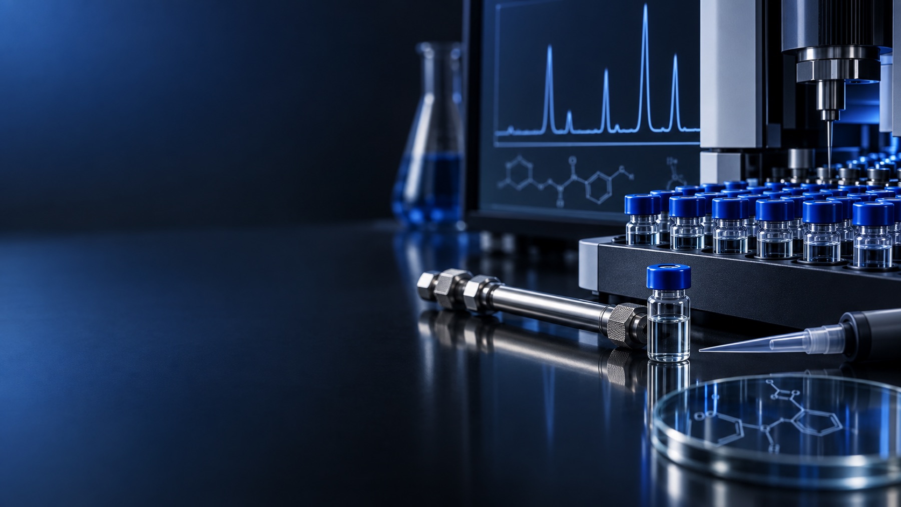 Forensic toxicology laboratory vials, a chromatographic column, and an analytical instrument used to explain testing methods