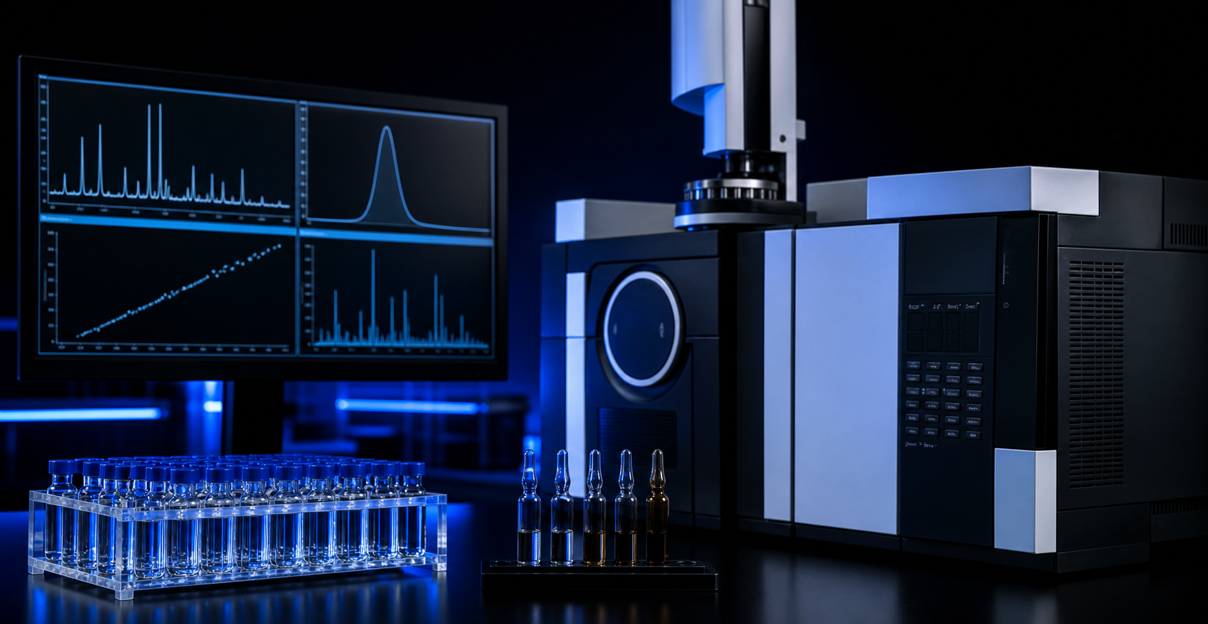 A forensic toxicology laboratory quality-control scene with analytical instruments, calibration vials, and blue illuminated data displays.