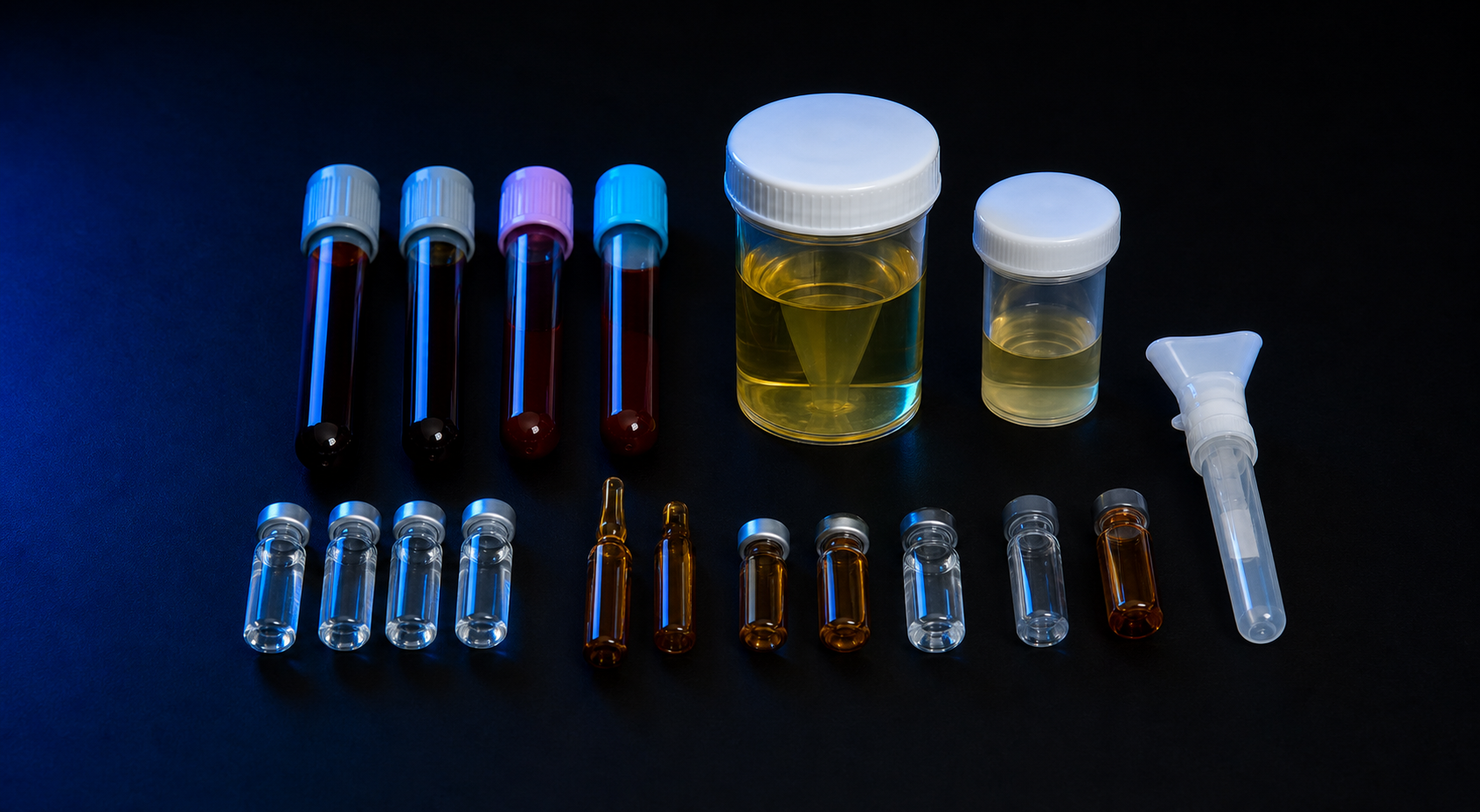Collection of laboratory specimen tubes and analytical vials on a black and royal-blue background.